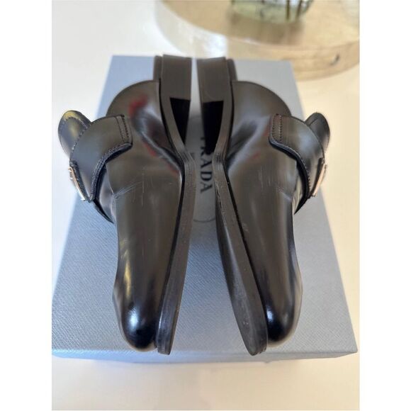 Prada Black Square Toe Leather Logo Slip-On Mules EU 36.5 US 6.5 Authentic - Picture 3 of 10